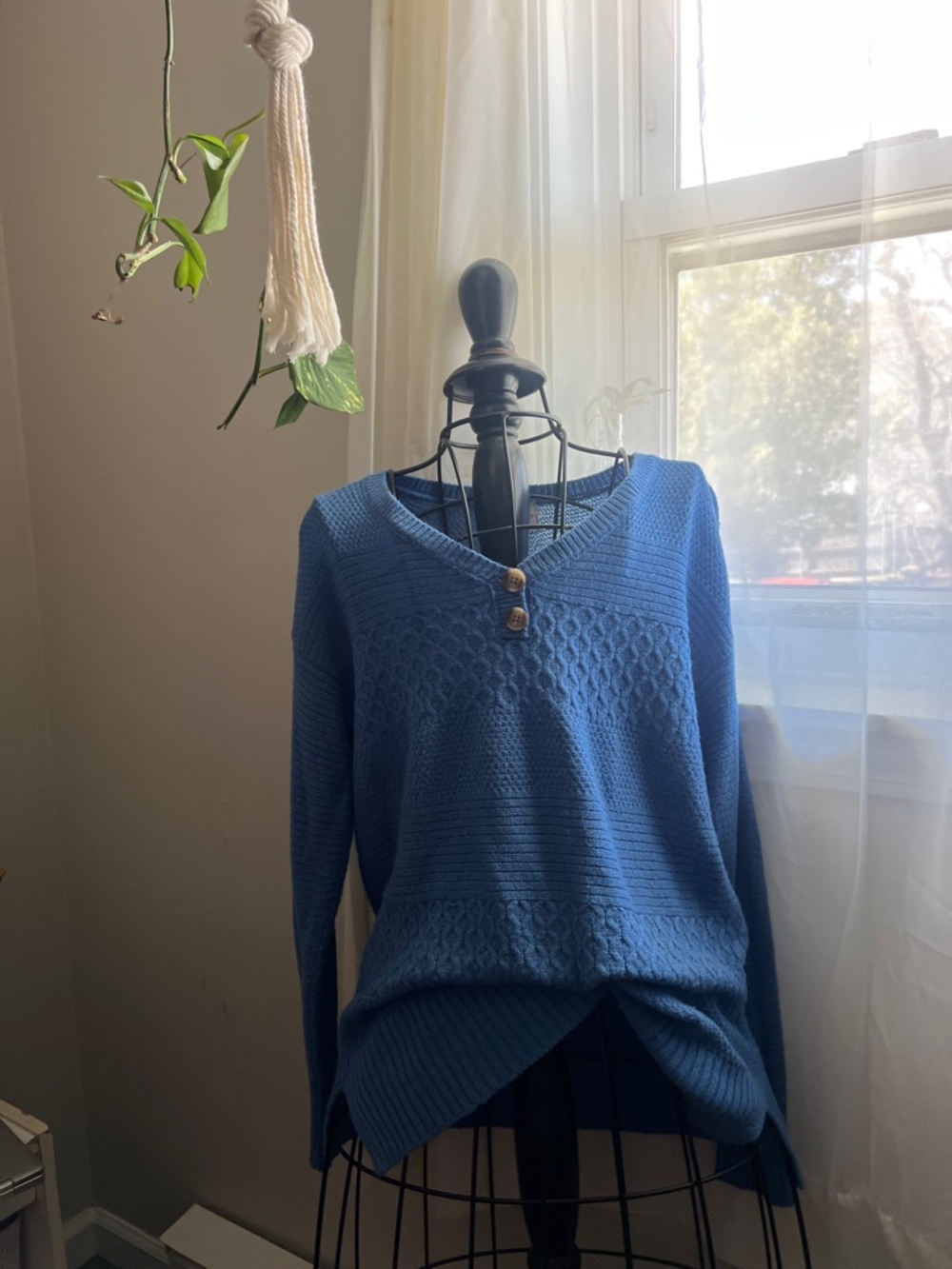 St. John's Bay Blue V-Neck Textured Knit Sweater with Buttons